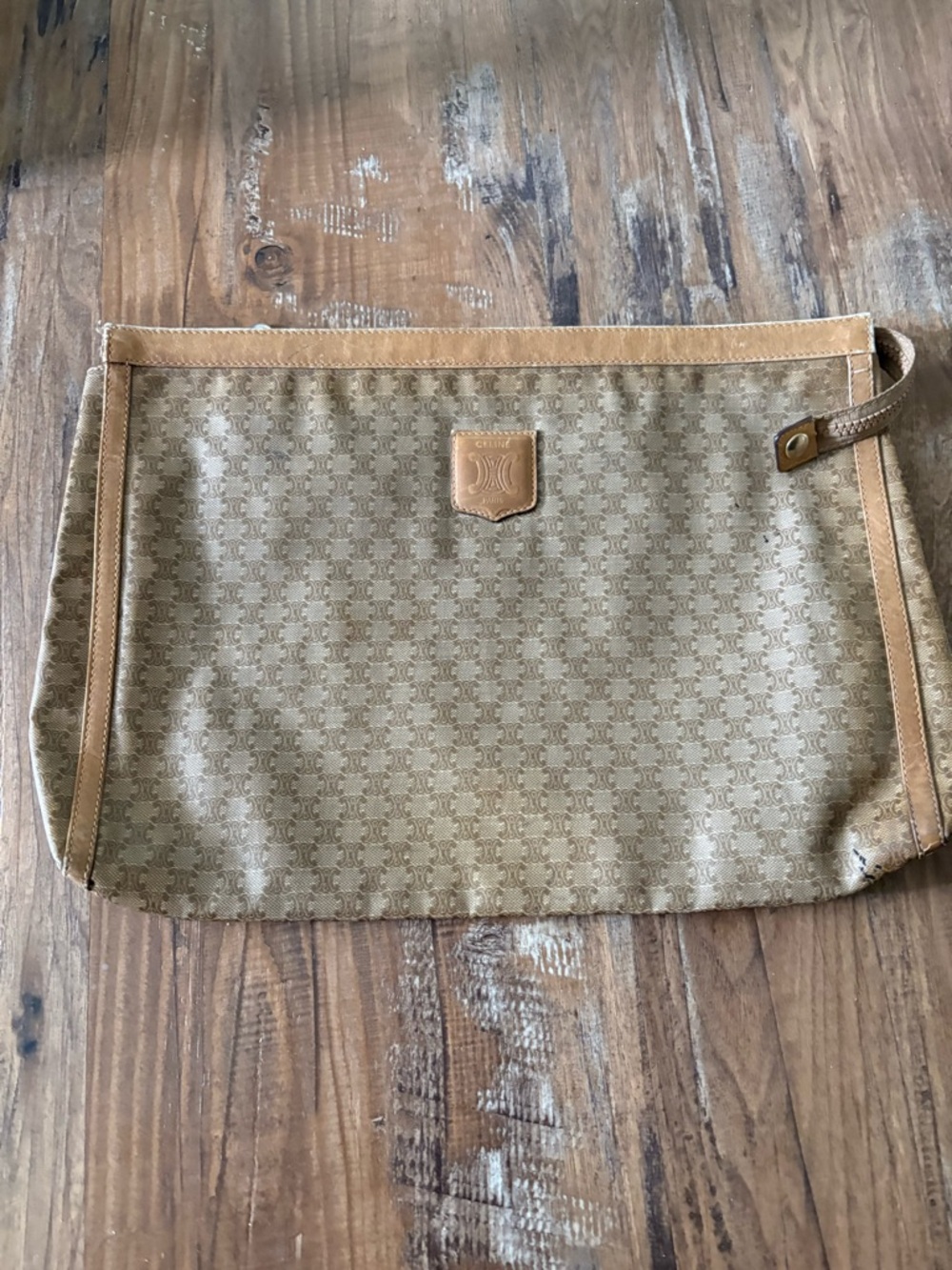 Celine Beige Monogram Clutch with Tan Trim